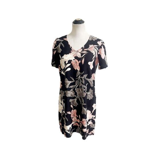 Nicole Miller Linen Blend Short Sleeve Sheath Dress Black Floral Size Small - Picture 1 of 7